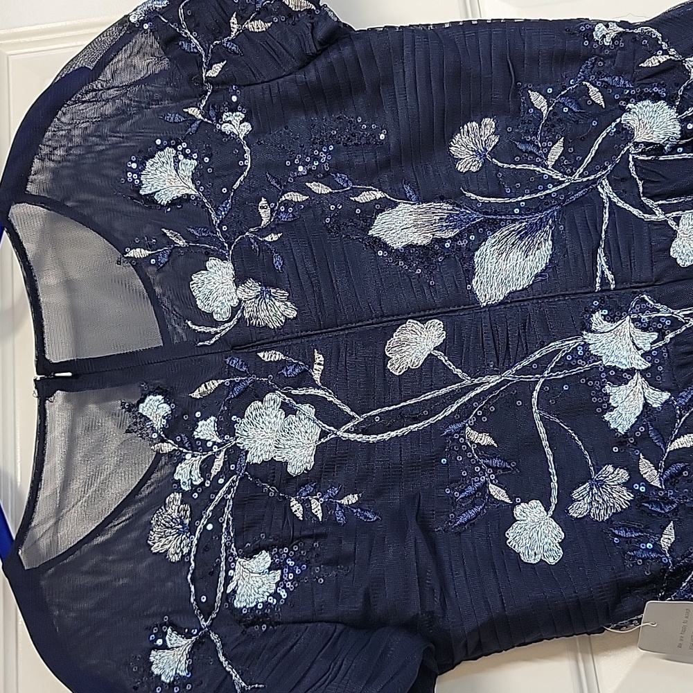 BETSY & ADAM NWT NAVY EMBROIDERED MESH A-LINE OVERLAY GOWN SIZE 12 - Picture 11 of 17